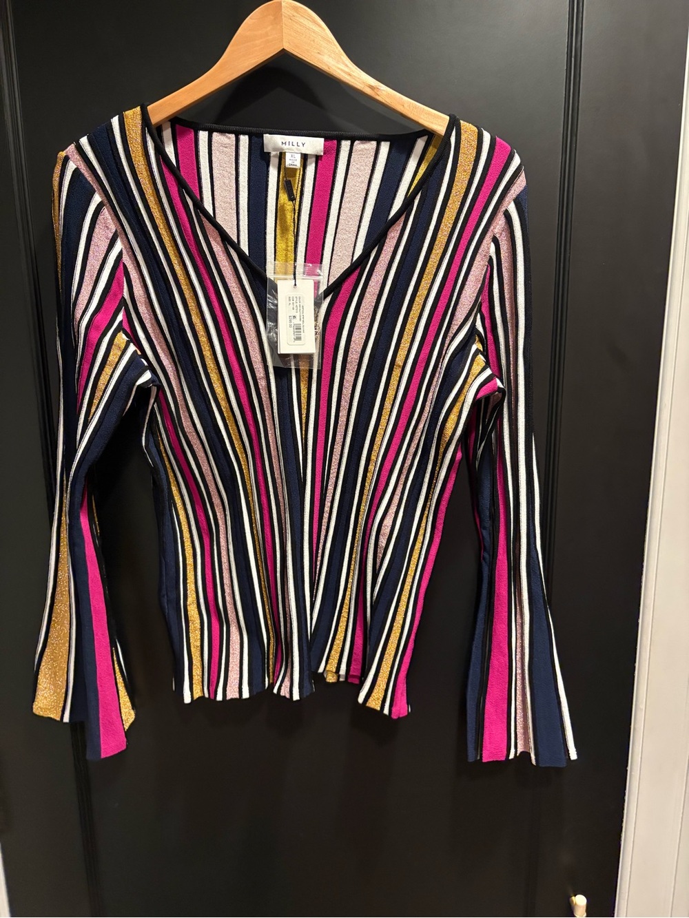 Milly Multicolor Striped V-Neck Long bell Sleeve blouse stretch xl nwt 295 Top